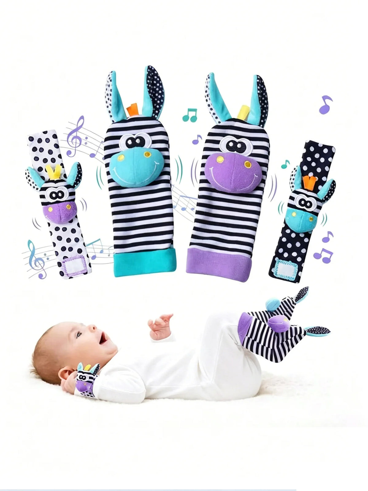 Little Paws™ Baby Rattle & Foot Finder Set – 4-Piece Soft Animal Toys for Newborns & Infants