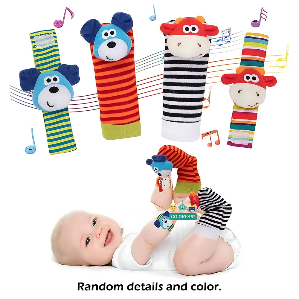 Little Paws™ Baby Rattle & Foot Finder Set – 4-Piece Soft Animal Toys for Newborns & Infants