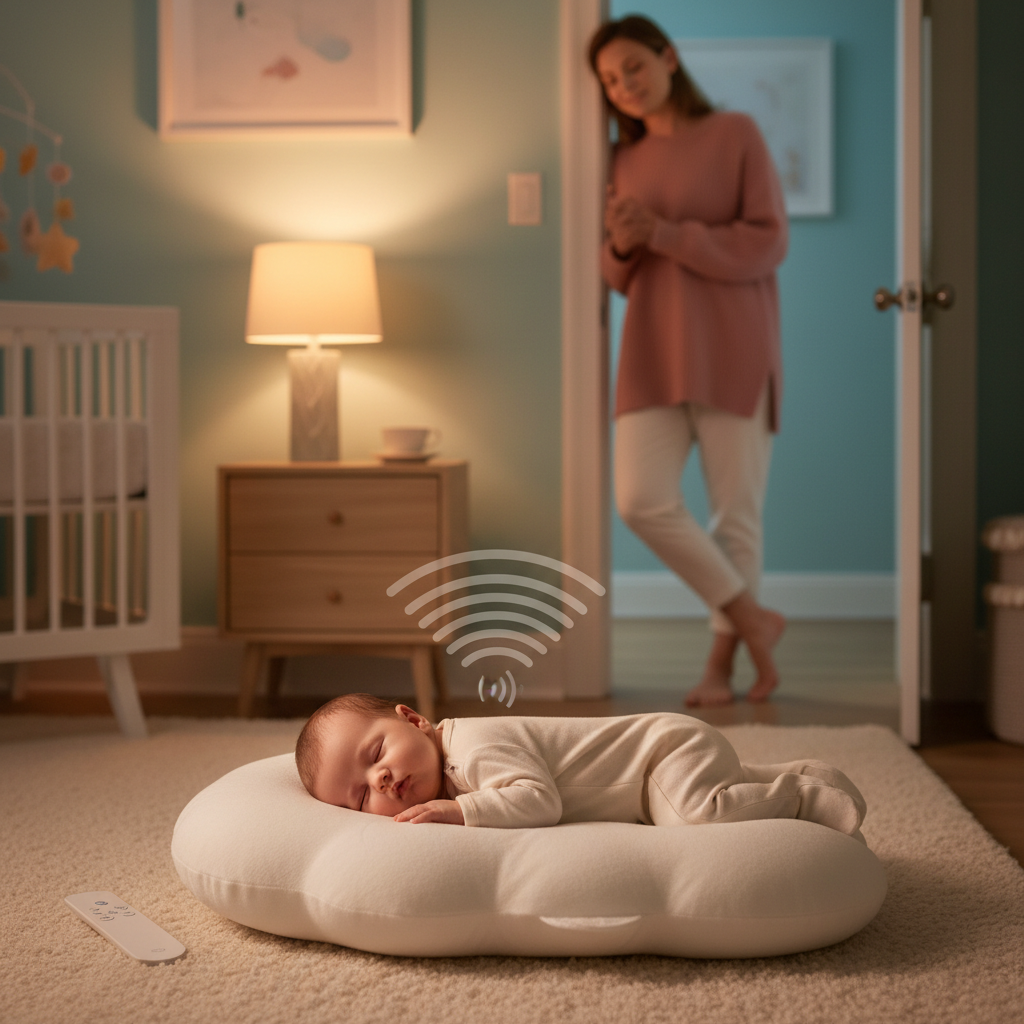 Baby sleeping peacefully on the Auto-Pat pillow in a cozy nursery