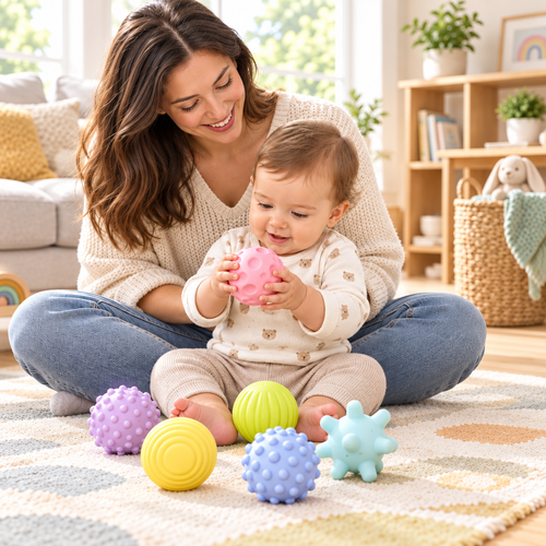 Mother and baby playing with colorful sensory balls on living room floor