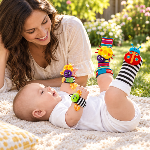 Mother in garden with baby wearing wrist rattle bracelets and foot finder socks
