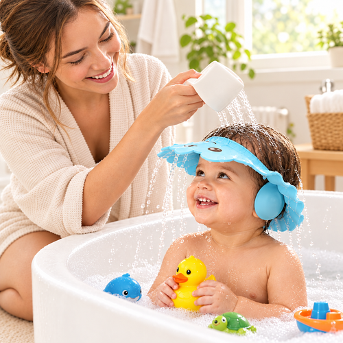 Mother washing toddler's hair in bathtub with shampoo visor shield, toddler smiling